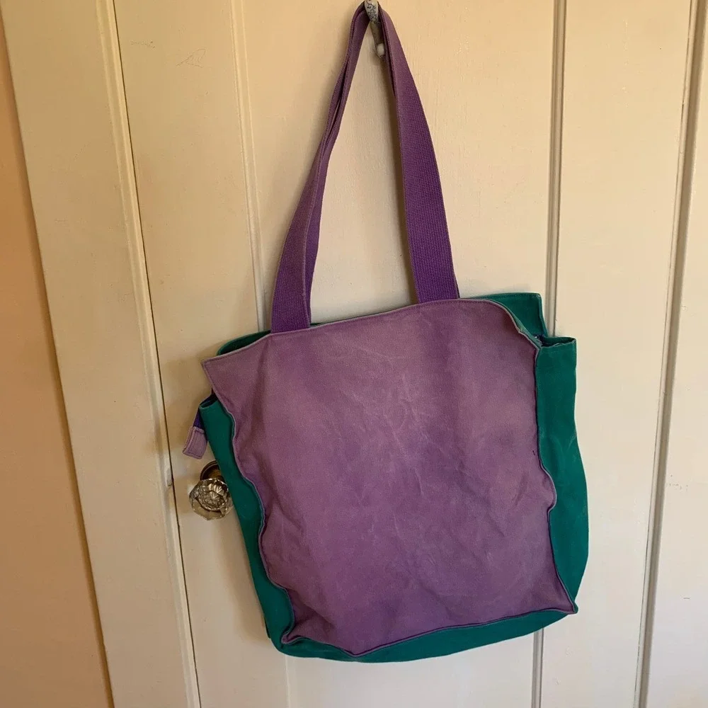 Laurel Burch Cat Canvas Tote Bag Purple Teal Pink Geometric Art Zipper Shoulder